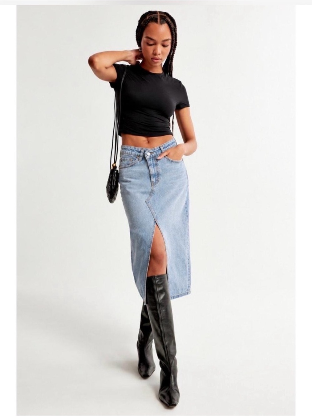Abercrombie & Fitch Light Blue Denim Midi Skirt with Front Slit